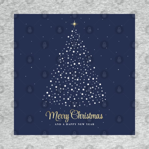 Merry Christmas and a Happy New Year. Minimalistic Christmas tree illustration. High quality Christmas blue white and gold starry illustration in minimalist style. by ChrisiMM